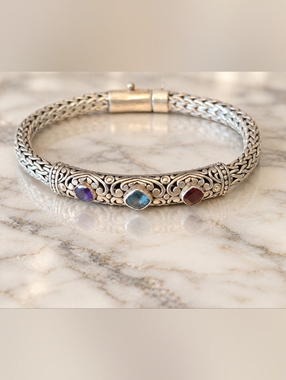 Sterling Silver Filigree Bracelet with Blue, Purple & Red Stones